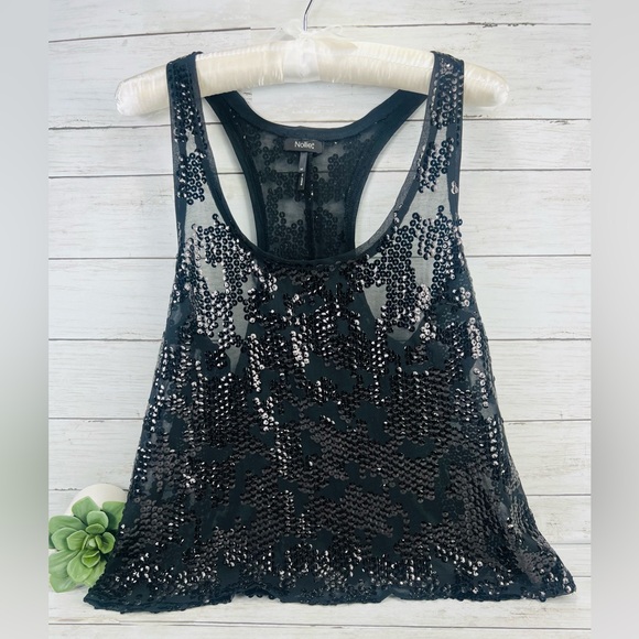 NOLLIE Black Y2K Sequin Crop Tank Top Size Medium Summer Blouse Fancy - Picture 3 of 12